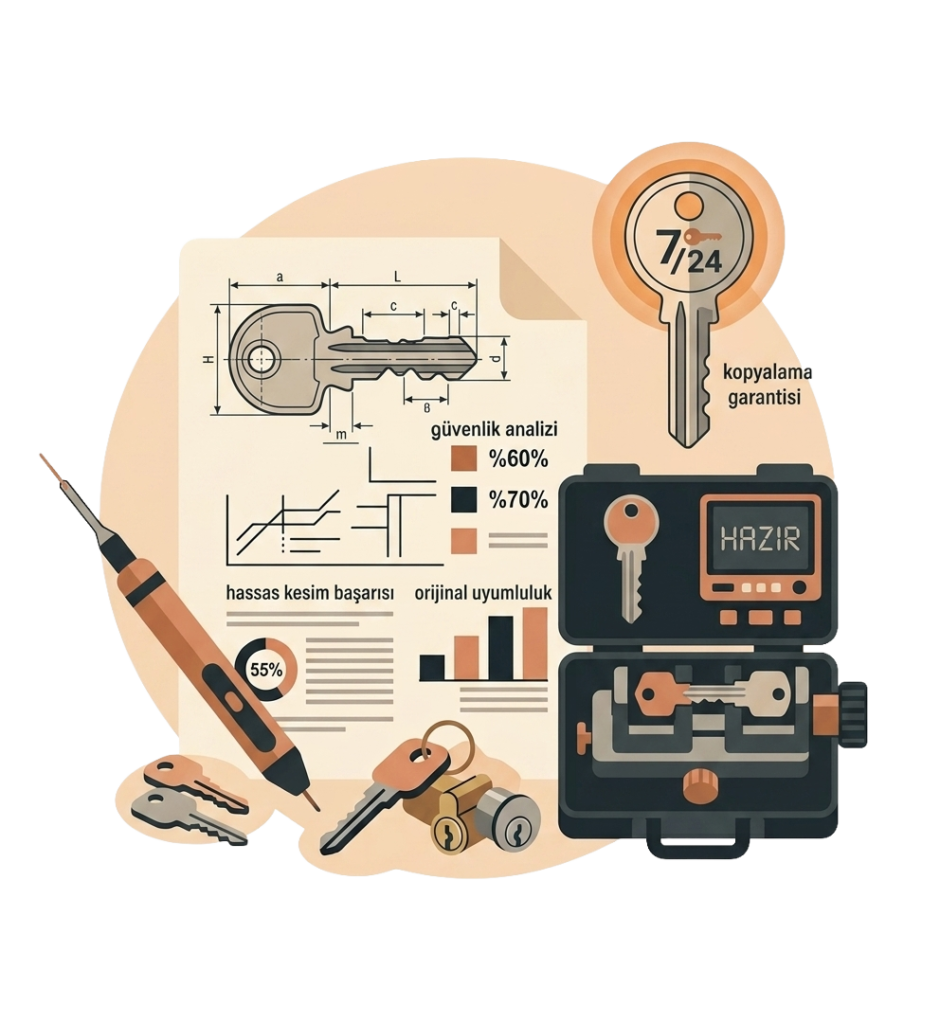 kagithane-cilingir-anahtar-kopyalama-hizmeti Lazer kesim hassasiyetiyle anahtar kopyalama ve immobilizer çip kodlama istatistiklerini içeren, dijital transponder makinesi eşliğinde modern anahtar çoğaltma teknolojisi görseli.