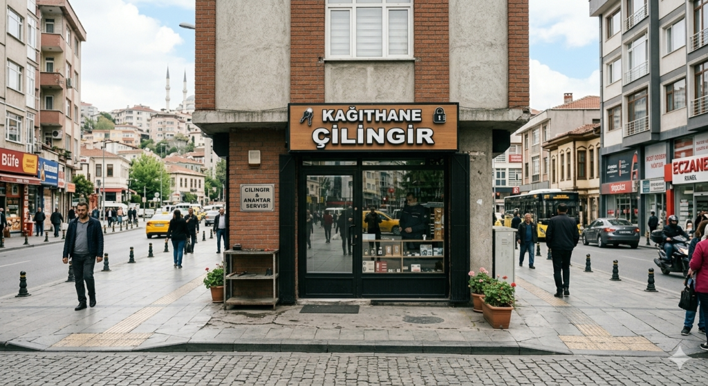 Gemini_Generated_Image_8wo9098wo9098wo9 Kağıthane kurumsal çilingir merkezimizin geniş açılı sokak görünümü; Kağıthane'nin merkezi bir noktasında yer alan, net 'Kağıthane Çilingir' tabelalı fiziksel mağazamız, çevresindeki yaya yolu ve şehir dokusuyla birlikte profesyonel işletme profilimiz. Müşterilerimize güven veren, ulaşılabilir ve gerçek bir yerel ticari alanı temsil eden doğal dış mekan çekimi.