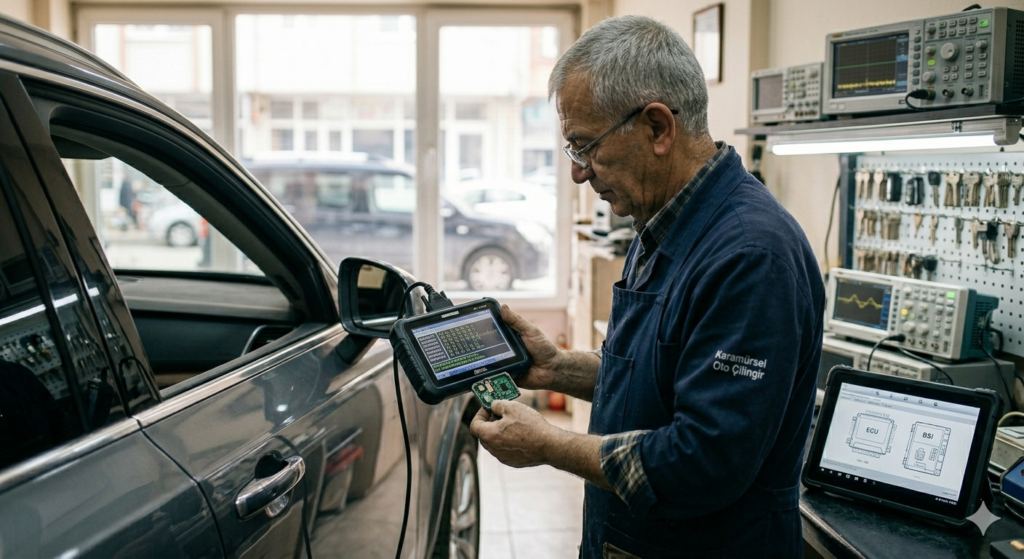 İmmobilizer çözümleri kapsamında, uzman teknisyenin diagnostik cihazlar kullanarak aracın elektronik motor kilidini ve anahtar kodlamasını onardığı profesyonel çalışma.