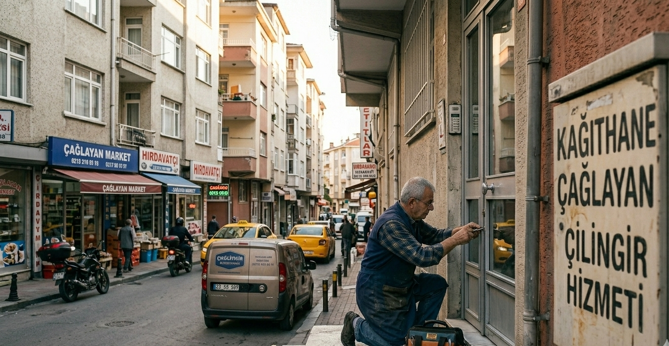 Kağıthane Çağlayan çilingir hizmetini temsil eden, İstanbul'un tipik bir mahalle sokağında, bir binanın giriş kapısında kilit tamiri yapan uzman çilingir; arka planda Çağlayan Market ve yerel dükkanların bulunduğu canlı bir sokak manzarası, sarı taksiler ve park halindeki teknik servis aracı.