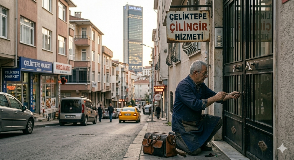 Kağıthane Çeliktepe çilingir hizmetini yansıtan, dik bir mahalle yokuşunda bina kapısını tamir eden profesyonel bir usta; arka planda binaların duvarında yer alan "Kağıthane Çeliktepe Çilingir Hizmeti" yazısı, beyaz plakasız bir araç ve İstanbul'un karakteristik yerel sokak dokusu.