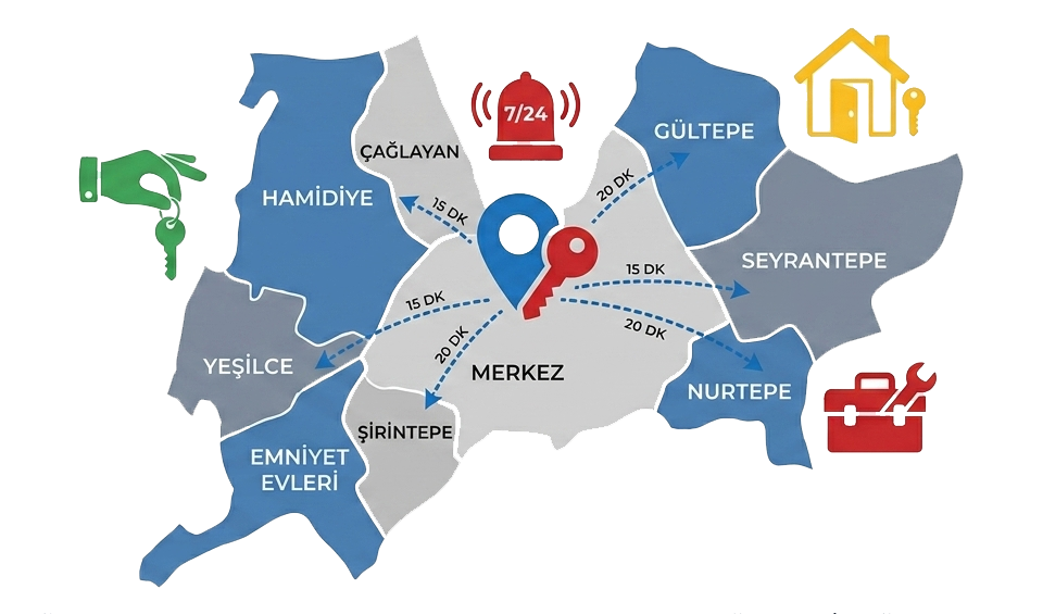 Kağıthane'nin tüm mahallelerini kapsayan Kağıthane çilingir hizmet bölgeleri haritası; Çağlayan, Gültepe, Hamidiye ve Seyrantepe gibi noktalara 15-20 dakikada ulaşım sağlayan mobil servis ağımızı gösteren, ana renklerden oluşan sade ve profesyonel vektörel infografik.