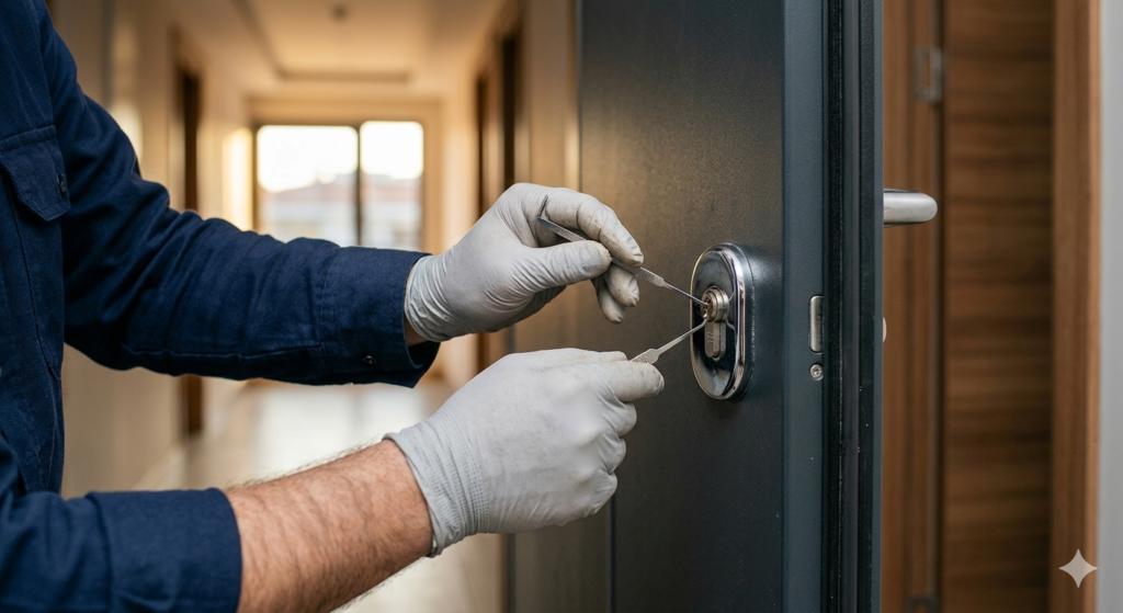 Kapı açma hizmetinde uzman bir çilingirin, modern bir çelik kapı kilidine profesyonel maymuncuk setleri ve hassas tekniklerle hasarsız müdahale ettiği anı gösteren gerçekçi ve yüksek çözünürlüklü fotoğraf.