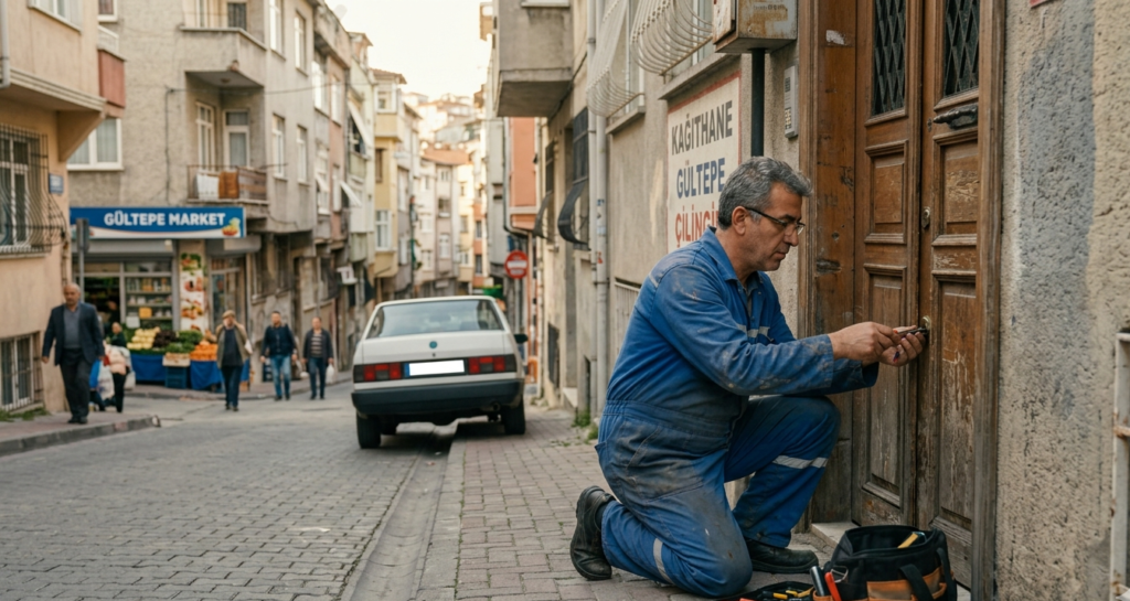 Kağıthane Gültepe çilingir uzmanının bir apartman girişinde kilit tamiri yaptığı profesyonel çalışma anı; arka planda Gültepe'nin dar sokakları, yerel market tabelası, plakasız beyaz araç ve duvarda hizmet ismini belirten yazı simgesi.