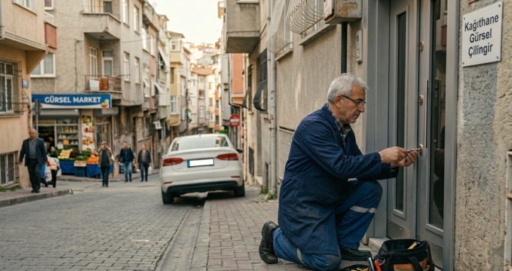 Kağıthane Gürsel çilingir uzmanının modern bir iş merkezi girişinde profesyonel kilit tamiri yaptığı an; arka planda Gürsel Mahallesi'nin kurumsal dokusu, plakasız beyaz araç ve duvarda hizmeti temsil eden yazı simgesi.