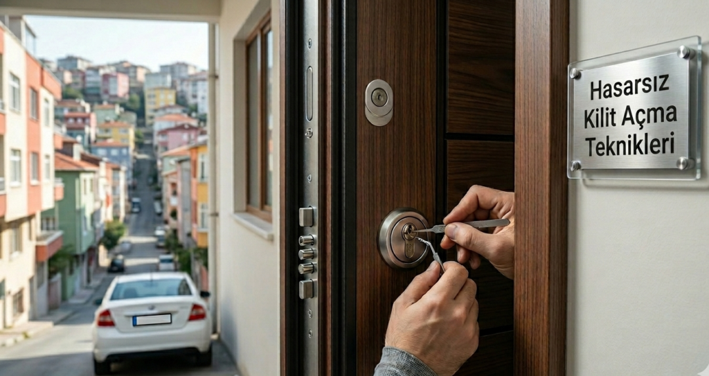 Kağıthane kapı açma hizmetinde uzman bir ustanın kapıya zarar vermeden profesyonel aparatlarla kilit açma anı; arka planda Kağıthane sokak dokusu, plakasız beyaz araç ve duvarda hizmeti vurgulayan yazı simgesi.
