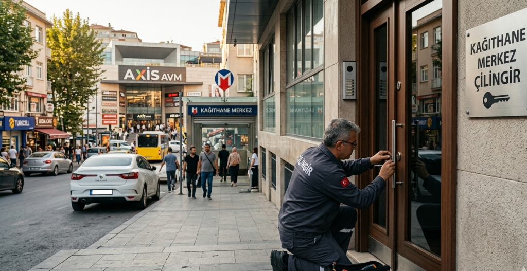 Kağıthane Merkez çilingir servisinin merkez mahallesindeki bir apartman kapısında kilit tamiri yaparken görüntüsü; arka planda şehir dokusu, plakasız beyaz araç ve duvarda hizmeti belirten yazı tabelası.