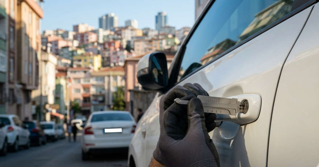 Kağıthane oto çilingir uzmanının beyaz bir aracın kapısını profesyonel ekipmanlarla hasarsız şekilde açtığı an; arka planda Kağıthane şehir manzarası ve plakasız araç detayı.
